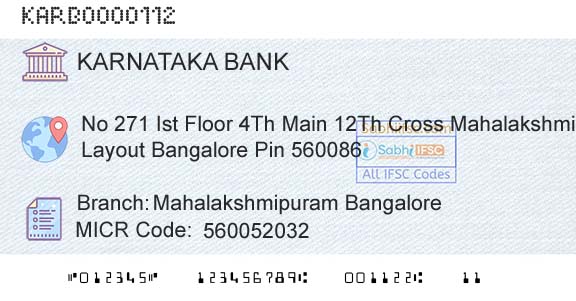 Karnataka Bank Limited Mahalakshmipuram BangaloreBranch 