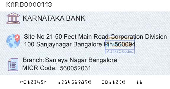 Karnataka Bank Limited Sanjaya Nagar BangaloreBranch 