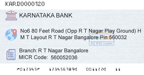 Karnataka Bank Limited R T Nagar BangaloreBranch 