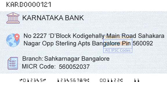 Karnataka Bank Limited Sahkarnagar BangaloreBranch 