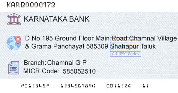 Karnataka Bank Limited Chamnal G PBranch 