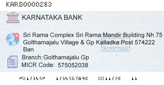 Karnataka Bank Limited Golthamajalu GpBranch 