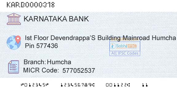 Karnataka Bank Limited HumchaBranch 