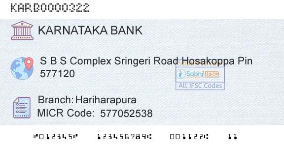 Karnataka Bank Limited HariharapuraBranch 