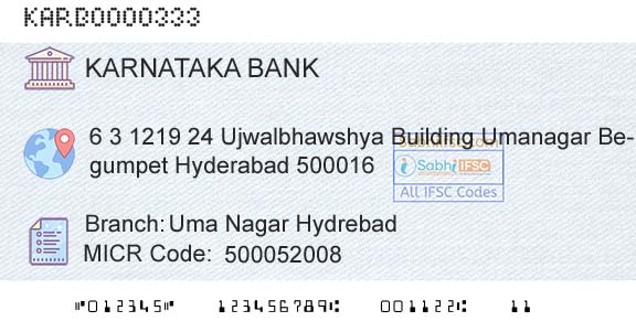 Karnataka Bank Limited Uma Nagar HydrebadBranch 