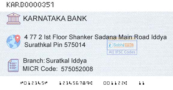 Karnataka Bank Limited Suratkal IddyaBranch 