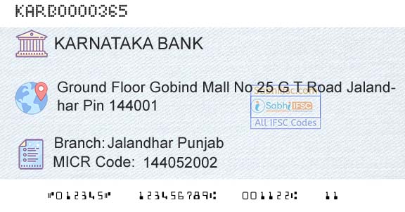 Karnataka Bank Limited Jalandhar PunjabBranch 