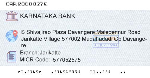 Karnataka Bank Limited JarikatteBranch 