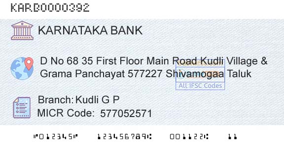 Karnataka Bank Limited Kudli G PBranch 