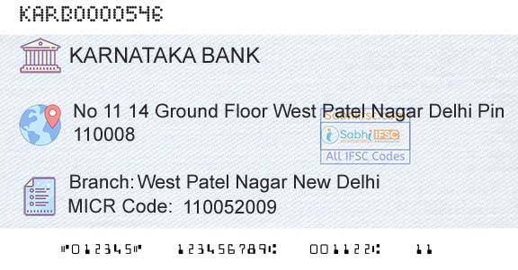 Karnataka Bank Limited West Patel Nagar New DelhiBranch 