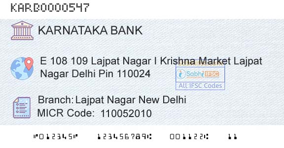 Karnataka Bank Limited Lajpat Nagar New DelhiBranch 
