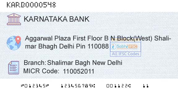 Karnataka Bank Limited Shalimar Bagh New DelhiBranch 