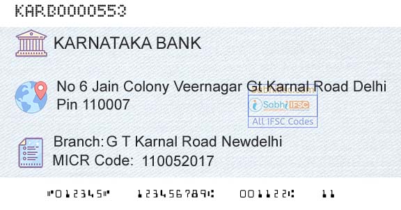 Karnataka Bank Limited G T Karnal Road NewdelhiBranch 
