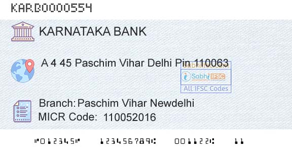 Karnataka Bank Limited Paschim Vihar NewdelhiBranch 