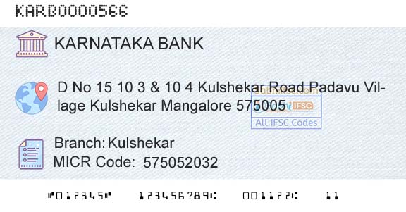 Karnataka Bank Limited KulshekarBranch 