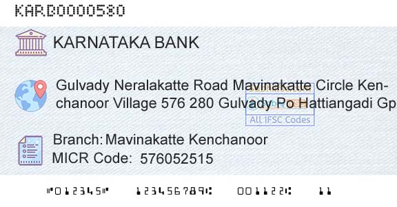 Karnataka Bank Limited Mavinakatte KenchanoorBranch 