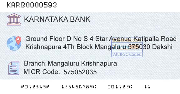 Karnataka Bank Limited Mangaluru KrishnapuraBranch 