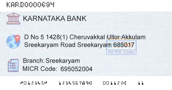 Karnataka Bank Limited SreekaryamBranch 