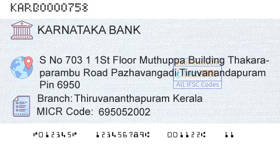 Karnataka Bank Limited Thiruvananthapuram KeralaBranch 