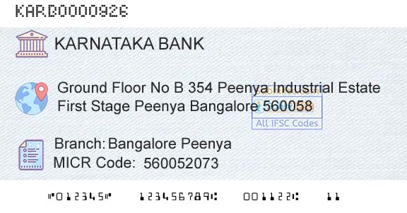 Karnataka Bank Limited Bangalore PeenyaBranch 