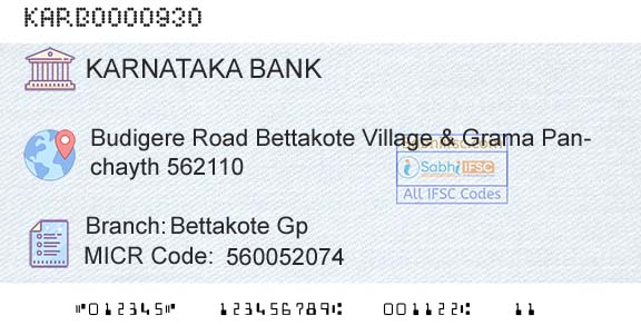 Karnataka Bank Limited Bettakote GpBranch 