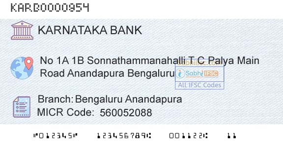 Karnataka Bank Limited Bengaluru AnandapuraBranch 