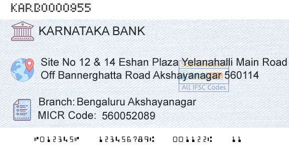 Karnataka Bank Limited Bengaluru AkshayanagarBranch 