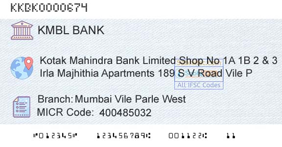 Kotak Mahindra Bank Limited Mumbai Vile Parle West Branch 
