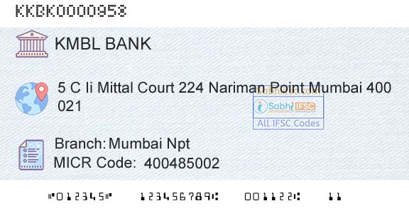 Kotak Mahindra Bank Limited Mumbai NptBranch 