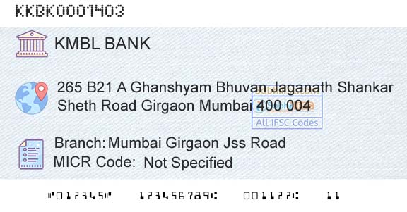Kotak Mahindra Bank Limited Mumbai Girgaon Jss RoadBranch 