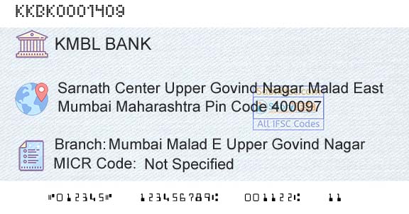 Kotak Mahindra Bank Limited Mumbai Malad E Upper Govind NagarBranch 