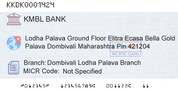 Kotak Mahindra Bank Limited Dombivali Lodha Palava BranchBranch 