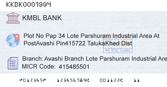 Kotak Mahindra Bank Limited Avashi Branch Lote Parshuram Industrial AreaBranch 