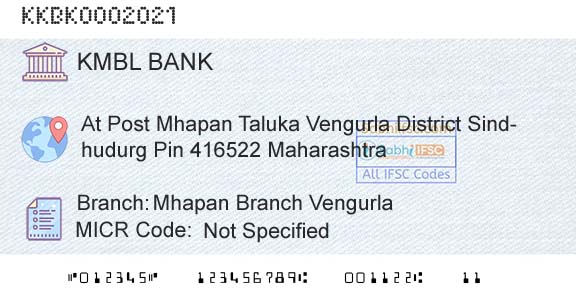 Kotak Mahindra Bank Limited Mhapan Branch VengurlaBranch 