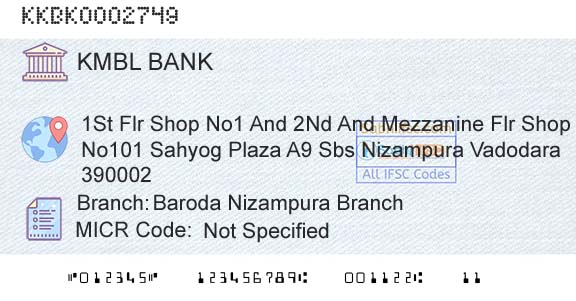 Kotak Mahindra Bank Limited Baroda Nizampura BranchBranch 