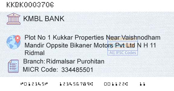 Kotak Mahindra Bank Limited Ridmalsar PurohitanBranch 