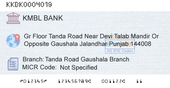 Kotak Mahindra Bank Limited Tanda Road Gaushala BranchBranch 