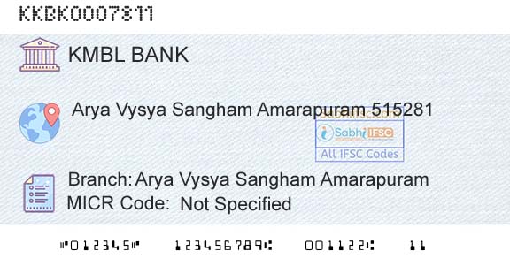 Kotak Mahindra Bank Limited Arya Vysya Sangham AmarapuramBranch 