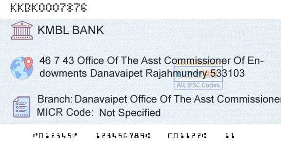 Kotak Mahindra Bank Limited Danavaipet Office Of The Asst Commissioner Of EndoBranch 