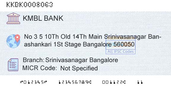 Kotak Mahindra Bank Limited Srinivasanagar BangaloreBranch 