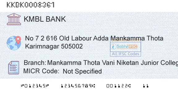 Kotak Mahindra Bank Limited Mankamma Thota Vani Niketan Junior CollegeBranch 