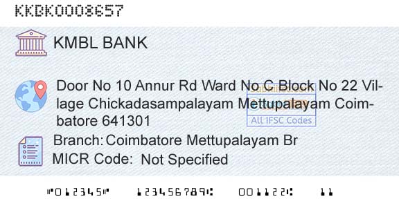 Kotak Mahindra Bank Limited Coimbatore Mettupalayam BrBranch 