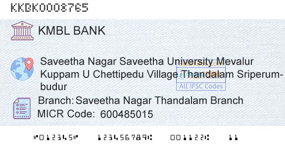 Kotak Mahindra Bank Limited Saveetha Nagar Thandalam BranchBranch 