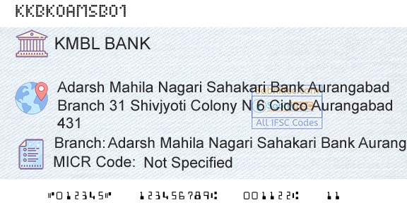 Kotak Mahindra Bank Limited Adarsh Mahila Nagari Sahakari Bank Aurangabad BranBranch 
