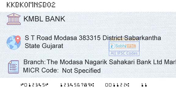 Kotak Mahindra Bank Limited The Modasa Nagarik Sahakari Bank Ltd Market Yard RBranch 