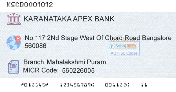 The Karanataka State Cooperative Apex Bank Limited Mahalakshmi PuramBranch 
