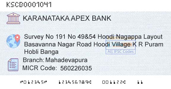 The Karanataka State Cooperative Apex Bank Limited MahadevapuraBranch 