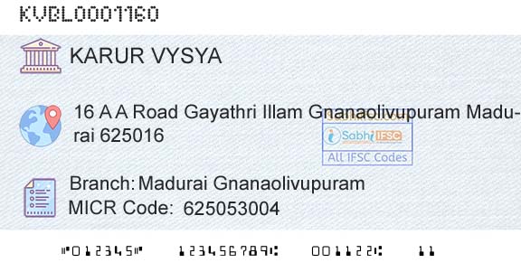 Karur Vysya Bank Madurai GnanaolivupuramBranch 