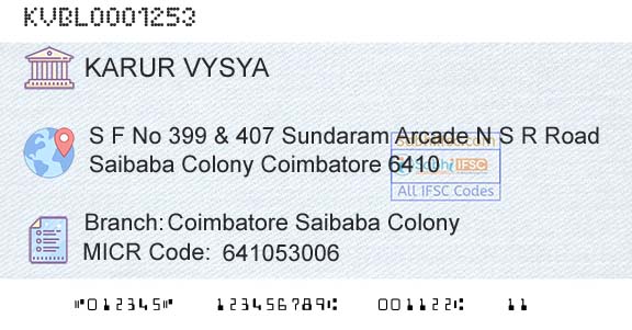 Karur Vysya Bank Coimbatore Saibaba ColonyBranch 