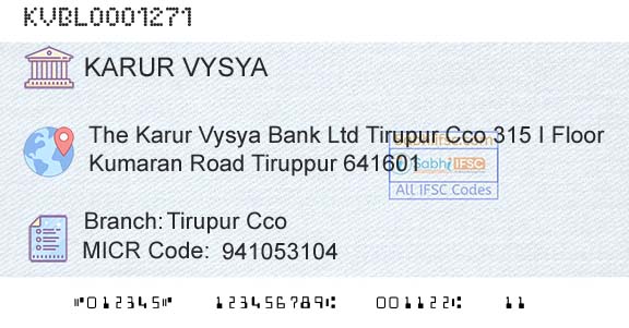 Karur Vysya Bank Tirupur CcoBranch 